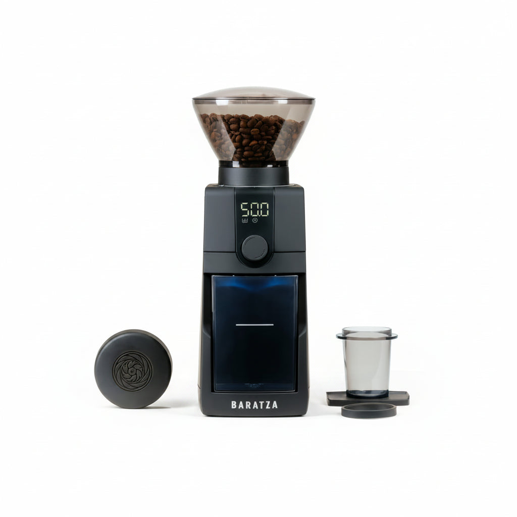 Baratza coffee grinder with accessories on a white background